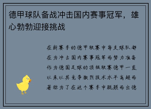 德甲球队备战冲击国内赛事冠军，雄心勃勃迎接挑战