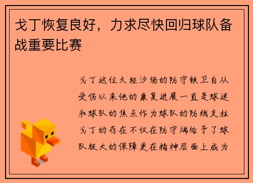戈丁恢复良好，力求尽快回归球队备战重要比赛